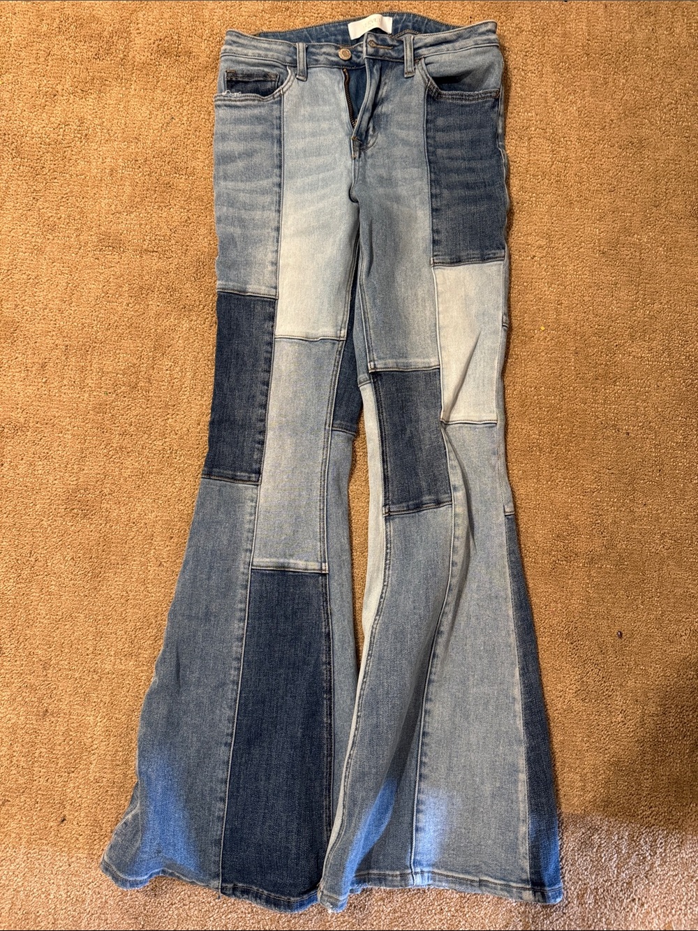 Patchwork Wide-Leg Jeans - Two-Tone Blue Denim